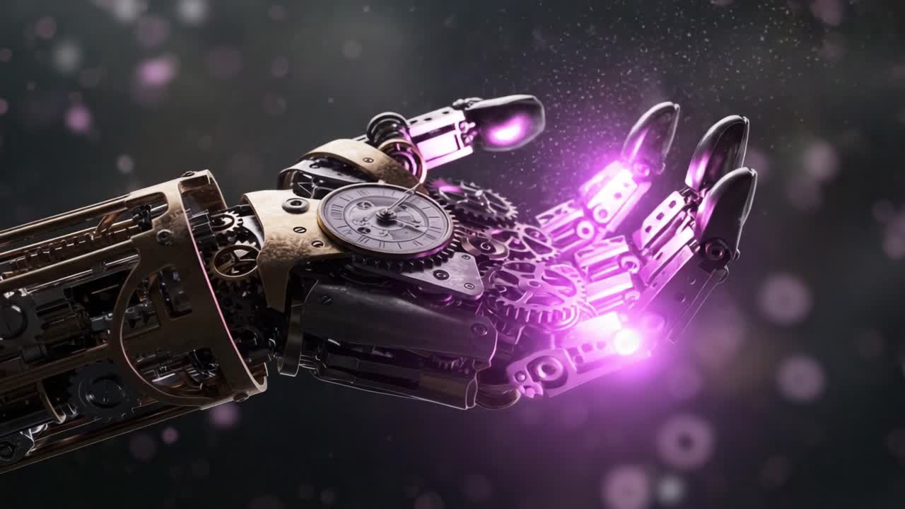 A Stunning Robotic Hand Holding Clock Gears and Sparkling Particles, Showcasing Advanced Technology and Intricate Mechanical Design in a Futuristic Aesthetic