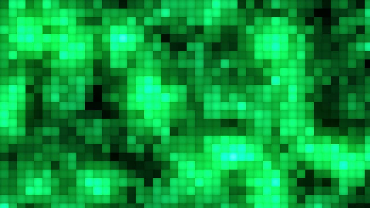 azulejos pixelados verdes futuristas mosaico. fondo de bloque de píxeles. tecnología cuadrados movimiento con luz de brillo dinámico. fondo de bucle sin costuras abstracto