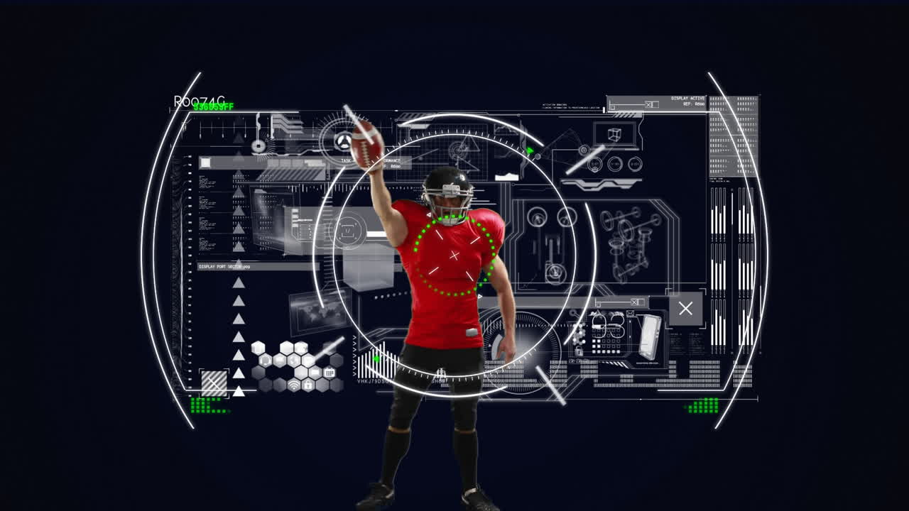 Animation of scopes scanning and data processing with american football player