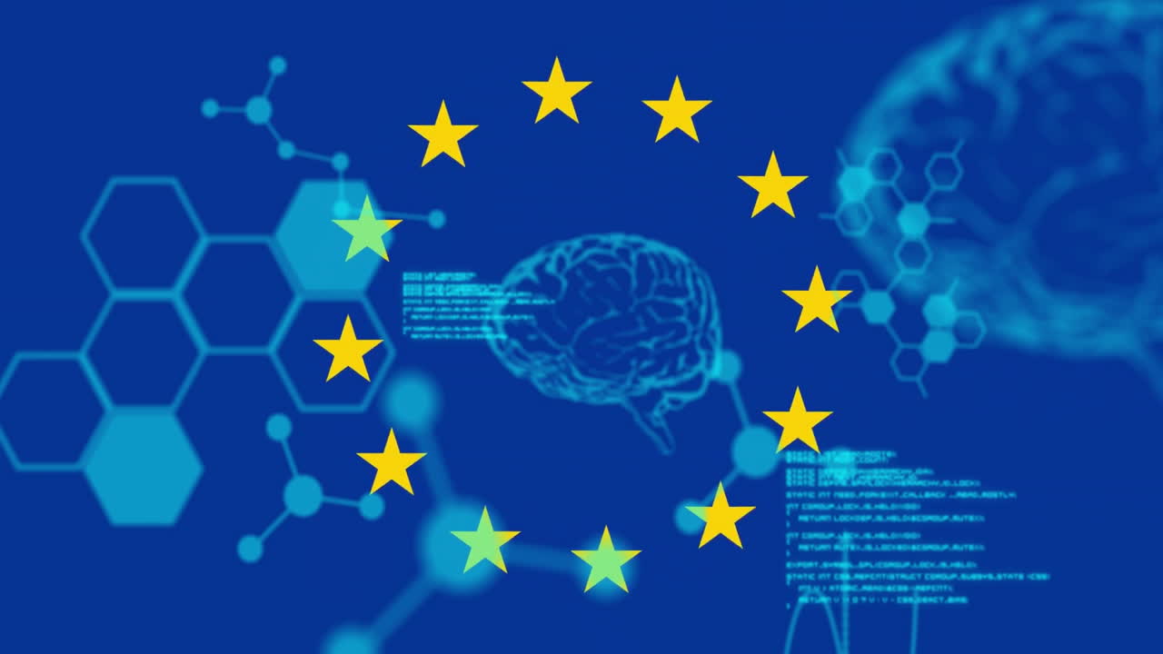 Animazione di elaborazione dati con cervello e molecole su bandiera dell'UE