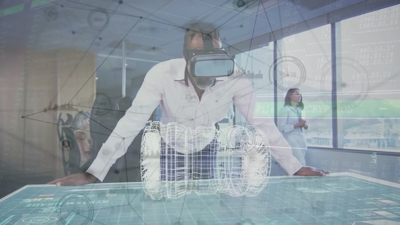 Engineer in VR HMD leaning over touch table, activating rotating wireframe HUD for tech review