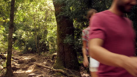 Foto-De-ángulo-Bajo-De-Amigos-Caminando-Cuesta-Abajo-A-Través-De-Un-Bosque.