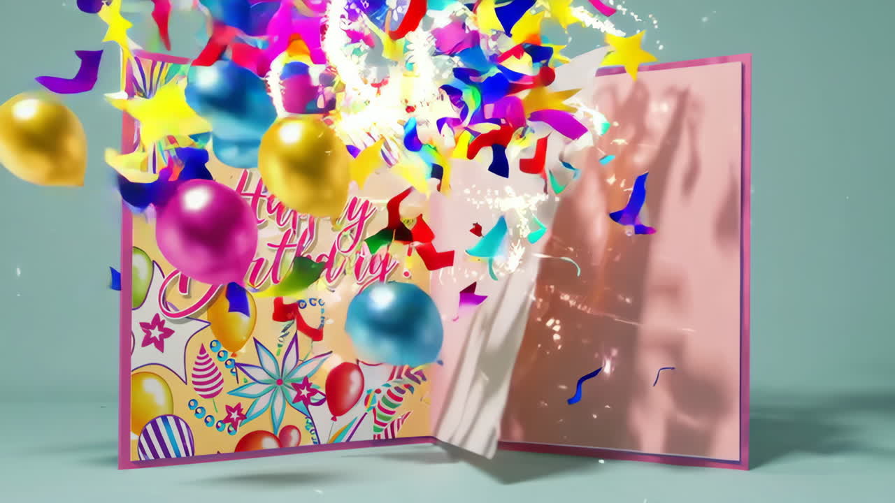 Happy Birthday Open Card with Balloons and Confetti