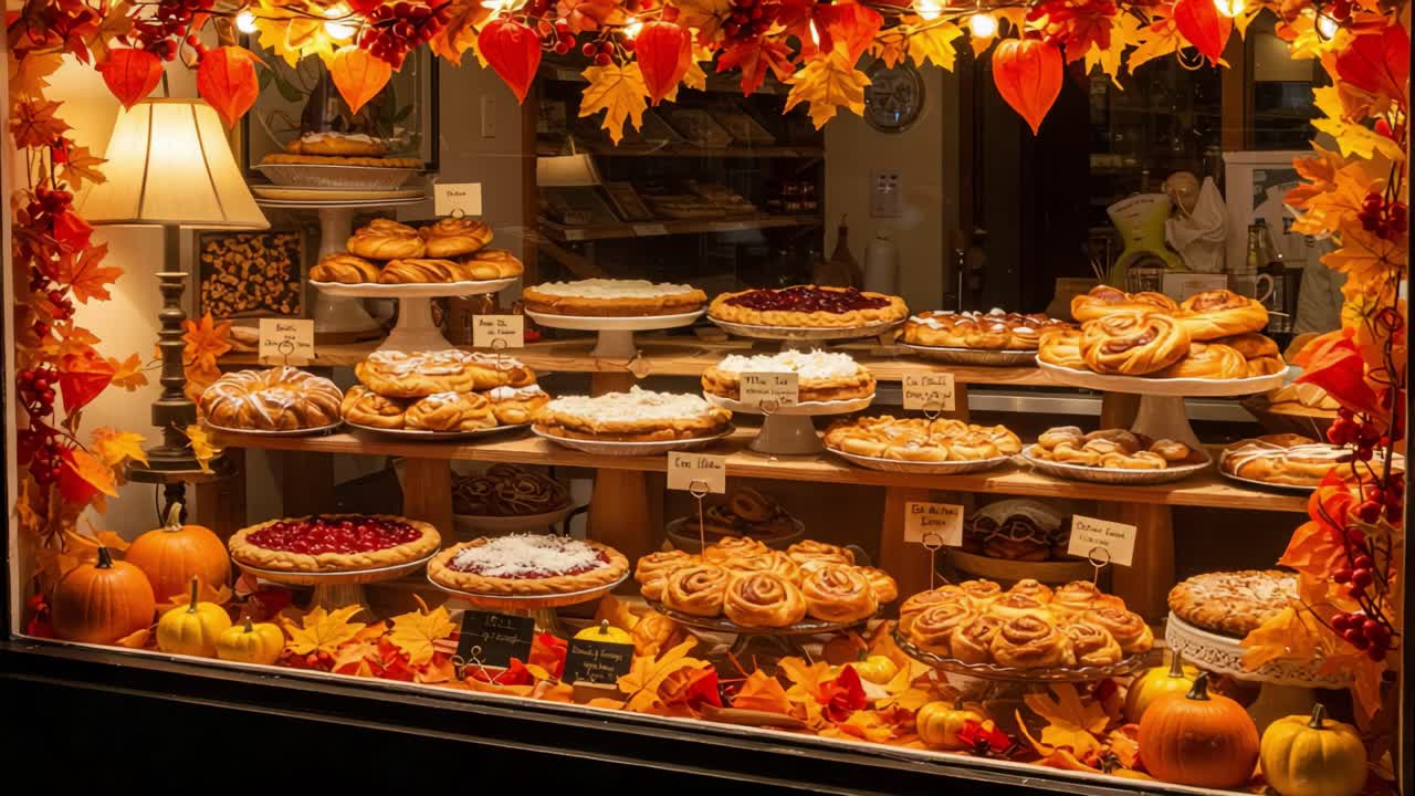 A Cozy Bakery Display Filled with Delicious Pastries and Autumn Decor, Showcasing a Variety of Cakes, Breads, and Treats Surrounded by Fall Leaves and Pumpkins