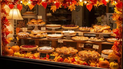 A Cozy Bakery Display Filled with Delicious Pastries and Autumn Decor, Showcasing a Variety of Cakes, Breads, and Treats Surrounded by Fall Leaves and Pumpkins