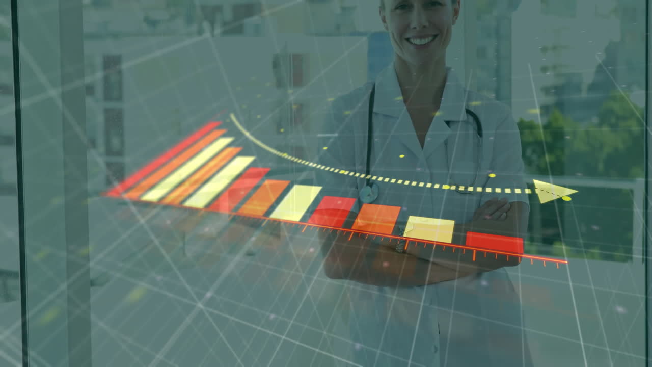 Smiling medical professional with stethoscope, looking at data analysis animation