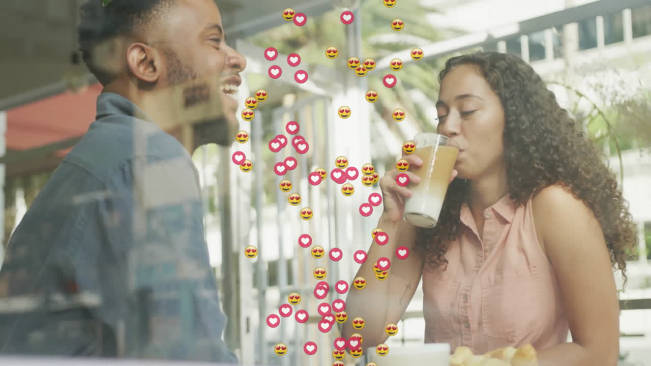 Woman sipping iced latte at outdoor café, with floating croissant icons and animated business chart