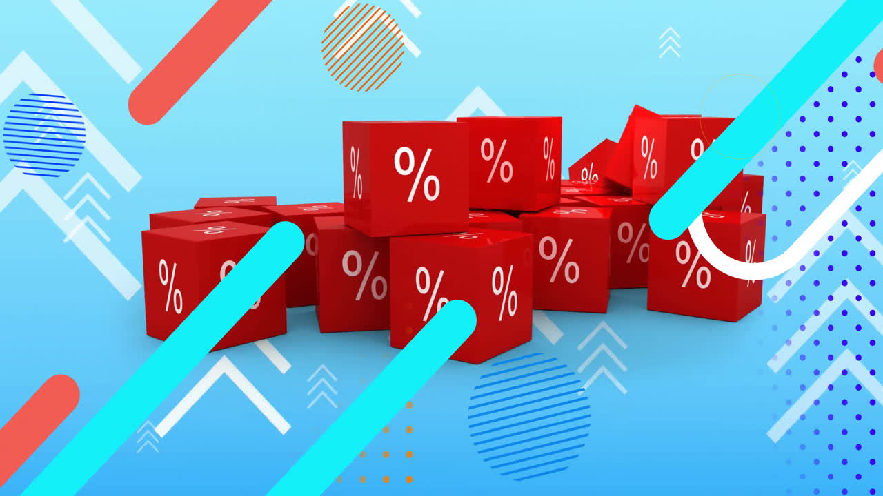 Animation of colourful shapes over cubes with percentage symbol on blue background
