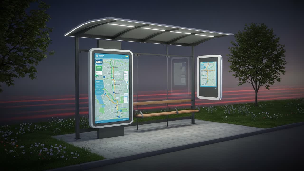 Modern Bus Stop Design Featuring Digital Maps and Spacious Sheltered Seating, Illuminated by Soft Evening Light to Enhance Urban Transit Experience