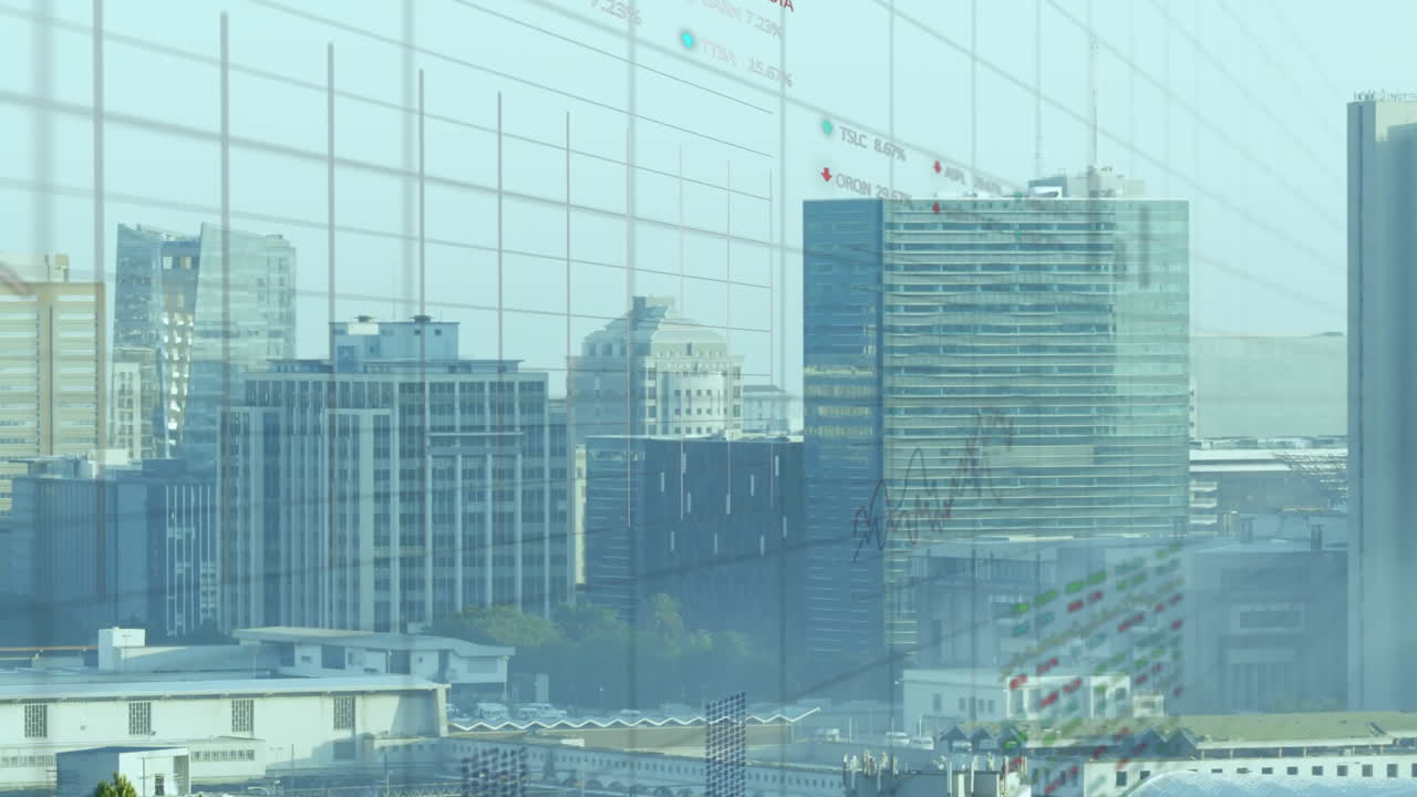 도시 풍경 위의 금융 데이터 처리 애니메이션