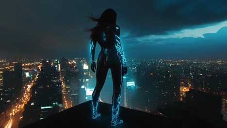 cyberpunk woman on rooftop
