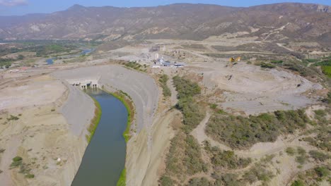 Aerial-View-of-Monte-Grande-Dam-and-Floodgate-Sectioning-off-River,-Barahona,-Dominican-Republic