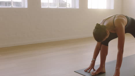 beautiful-yoga-woman-practicing-warrior-pose-enjoying-fitness-lifestyle-exercising-in-studio-stretching-flexible-body-training-early-morning-meditation-on-exercise-mat