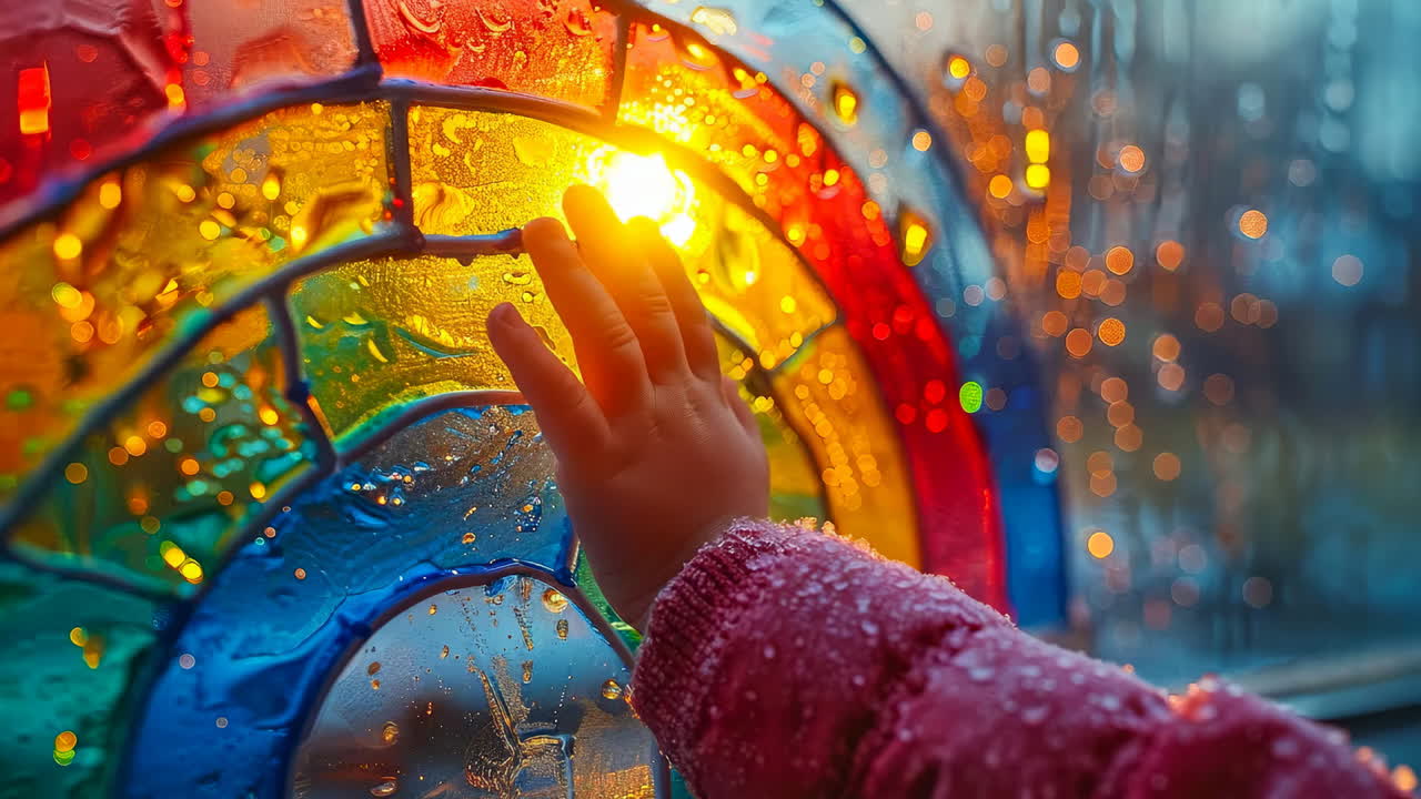 Touching colors through the rainy window. A child's hand reaches out to a colorful stained glass rainbow while raindrops create a shimmering effect