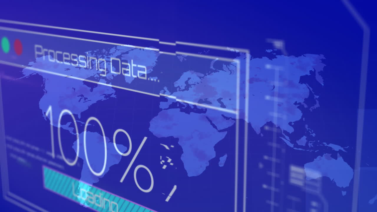 animación de números, textos, mapas y lenguaje informático cambiantes sobre un fondo azul
