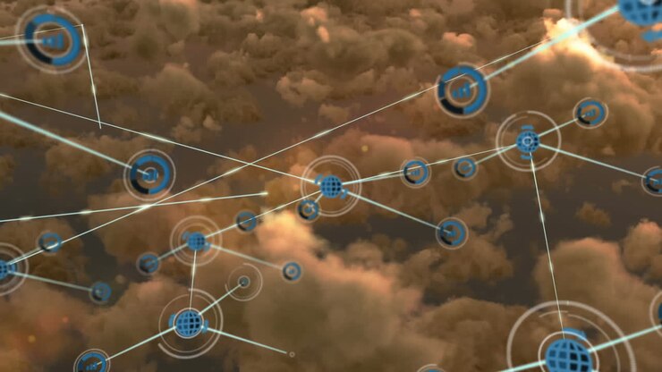 Networks of connections with icons over cloudy sky