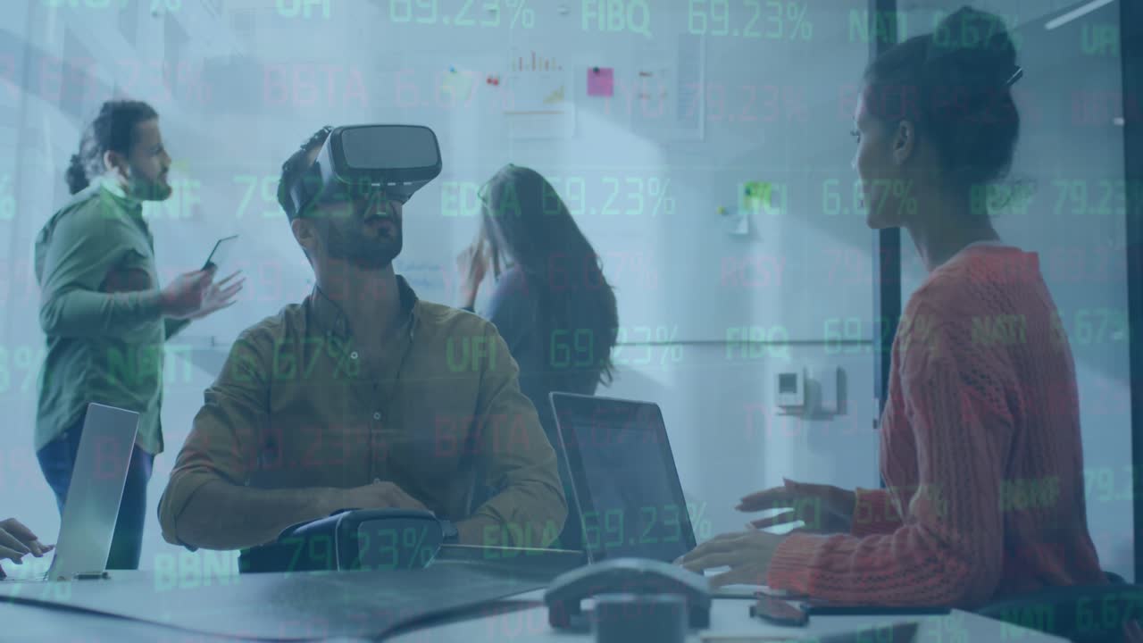 Animation of statistics and financial data processing over diverse business people in office