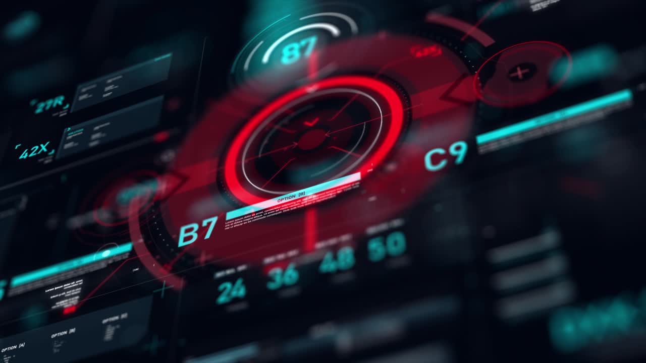 Puntatore bersaglio e interfaccia utente futuristica HUD GUI, elemento numerico di testo digitale per un concetto di cyber tecnologia con profondità di campo ridotta, elaborato con effetto scuro e grana
