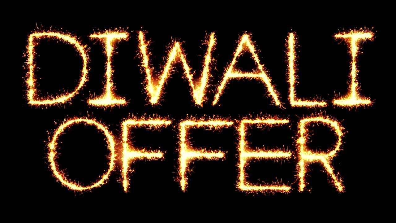 Diwali offer text sparkler writing with glitter sparks particles firework on black 4k loop