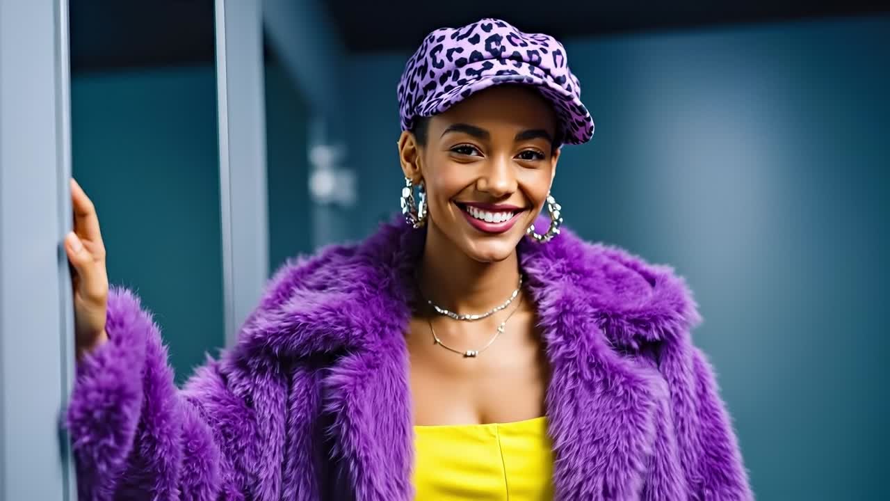 A woman in a purple fur coat and a leopard print hat