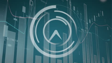 Animation of ticking clock icon over statistical data processing against green background