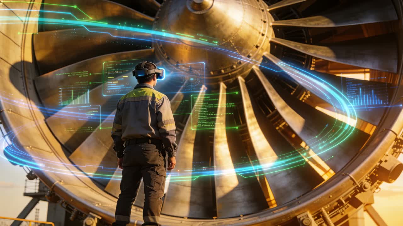 Vertical video: Male tech monitoring jet fan AR headset firing data rings around blades for repair