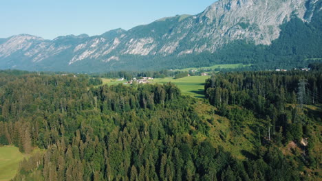 alpine valley landscape with forest and village