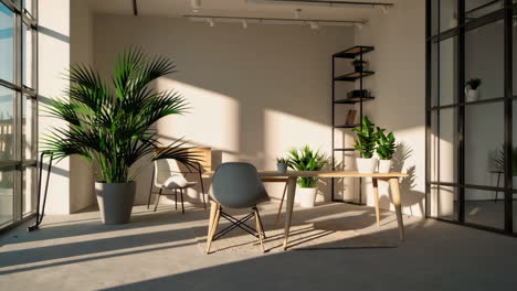 modern office workspace with indoor plants and natural light