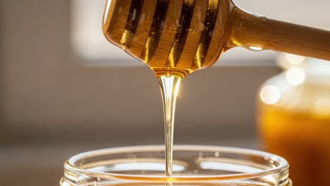 captivating close-up of honey dripping from a wooden dipper, showcasing the golden liquid's thick consistency and natural sweetness in a beautifully lit setting
