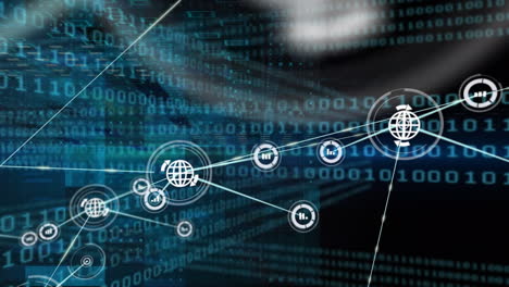 animation of network of digital icons and binary coding data processing on black background