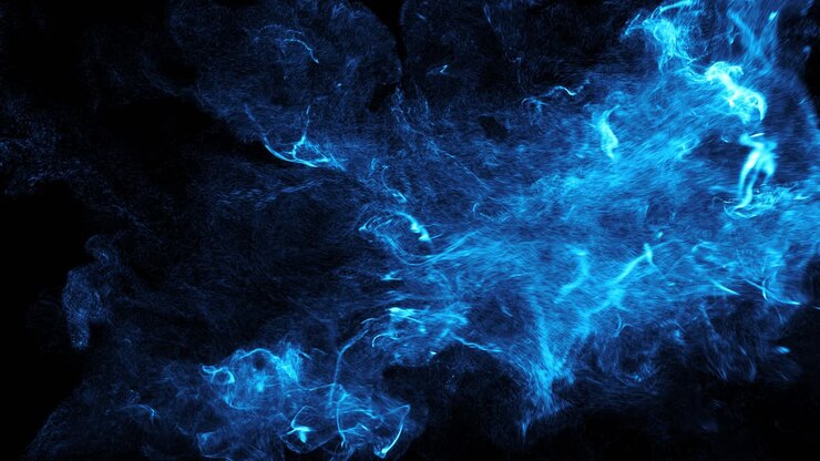 Fumo blu luminoso astratto che si espande su sfondo nero