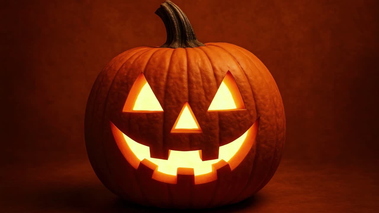 Close-up angle of a glowing jack-o'-lantern against a dark background, perfect
