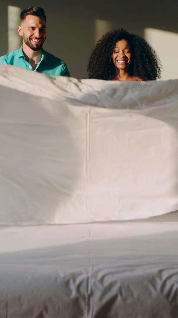Video verticale: Sistemando il piumone, una coppia rifà il letto mentre la luce del sole li sveglia in camera da letto, con cuscini.