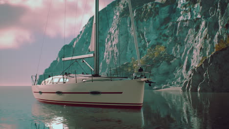 yate en el mar con isla rocosa verde