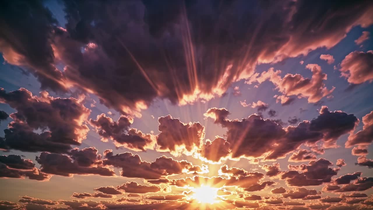 Cielo drammatico al tramonto con raggi di sole che filtrano attraverso le nuvole, ripreso da un angolo basso