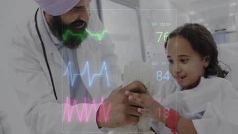 animation of data processing over asian male doctor with girl patient