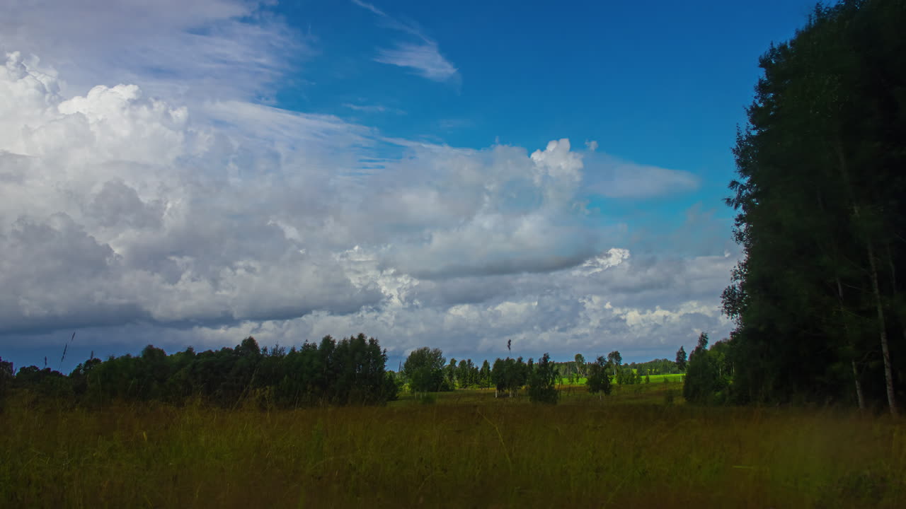 nubes que se mueven rápidamente a través de los campos rurales de letonia de un timelapse de movimiento