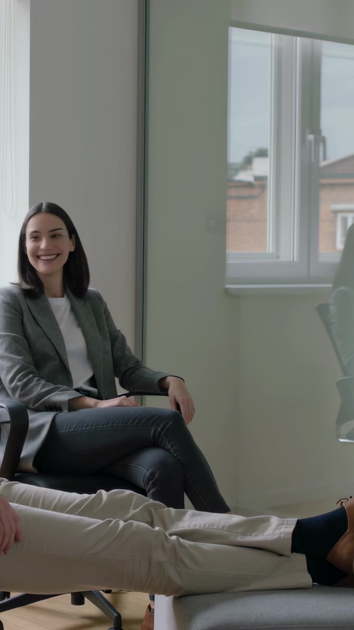 Vertikal video: Smilende kvinde i grå dragt lytter, mens en kollega taler nær en puf i et rum, med plads til tekst.