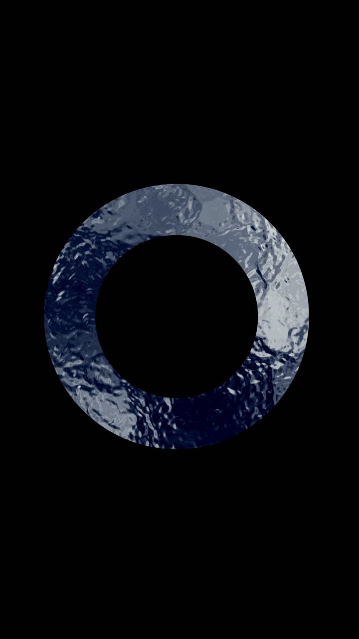 Vertical format animation of abstract circle with rotating blue water texture, liquid effect on black background, seamless loop
