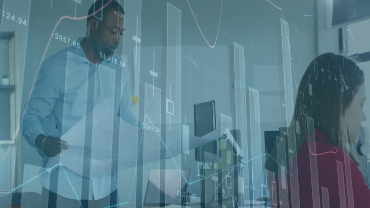 Animation of multiple graphs with changing numbers, african american man walking with blueprint