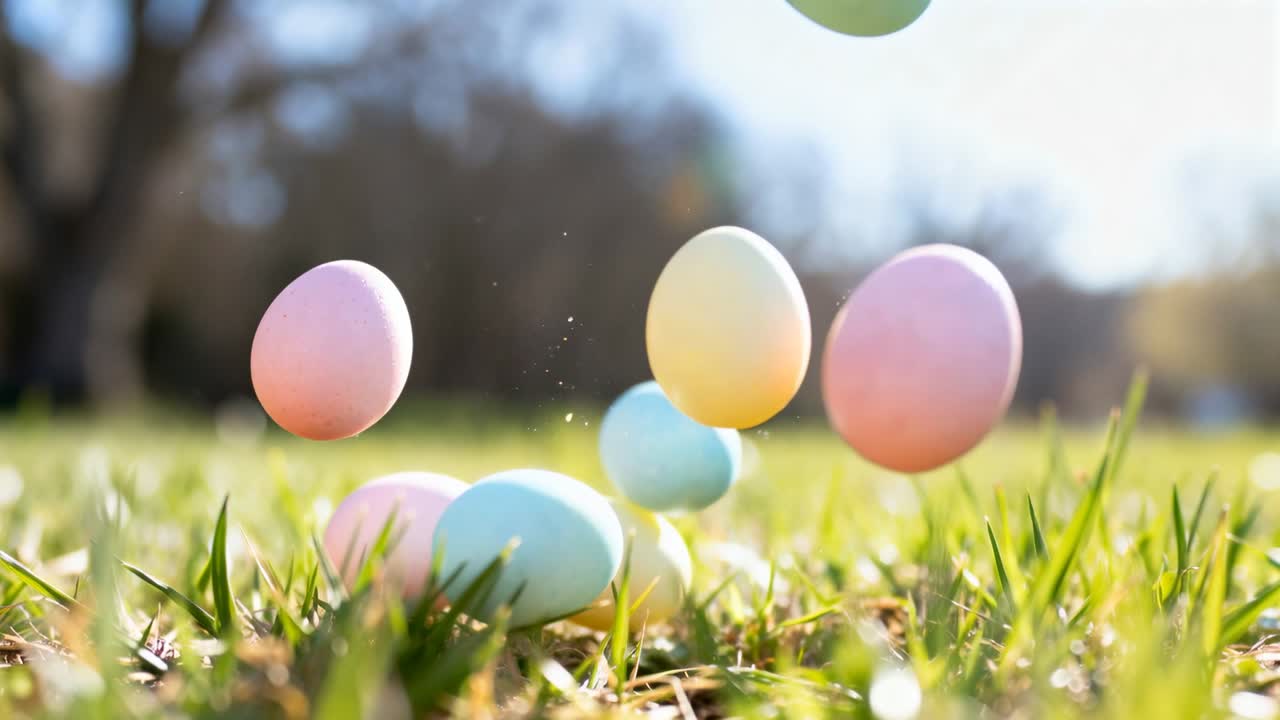 Uova color pastello sospese che cadono su un prato erboso illuminato dal sole, rimbalzando e posandosi tra la rugiada