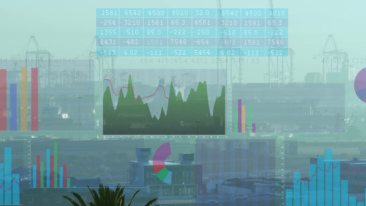 animación del procesamiento de datos financieros sobre el paisaje urbano