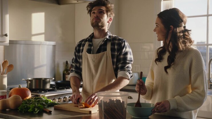 Uomo con grembiule che taglia e donna con maglione che mescola, mentre preparano un pasto in una cucina casalinga, con vapore che cattura lo sguardo.