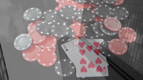 Animation-Von-Casino-Spielkarten-Und-Chips-über-Dem-Stadtbild