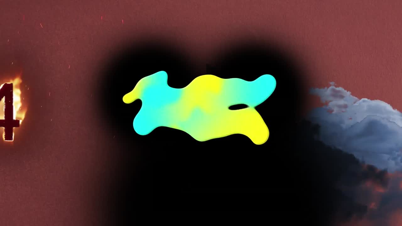 Animation of abstract colorful stain and burning number on brown background