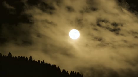 volle maan schijnt door wolken over het bos.