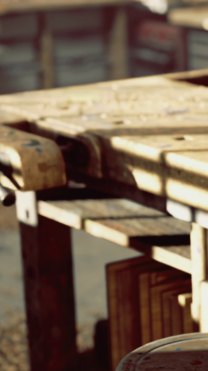 Wooden table in a workshop where carpentry work takes place during daytime
