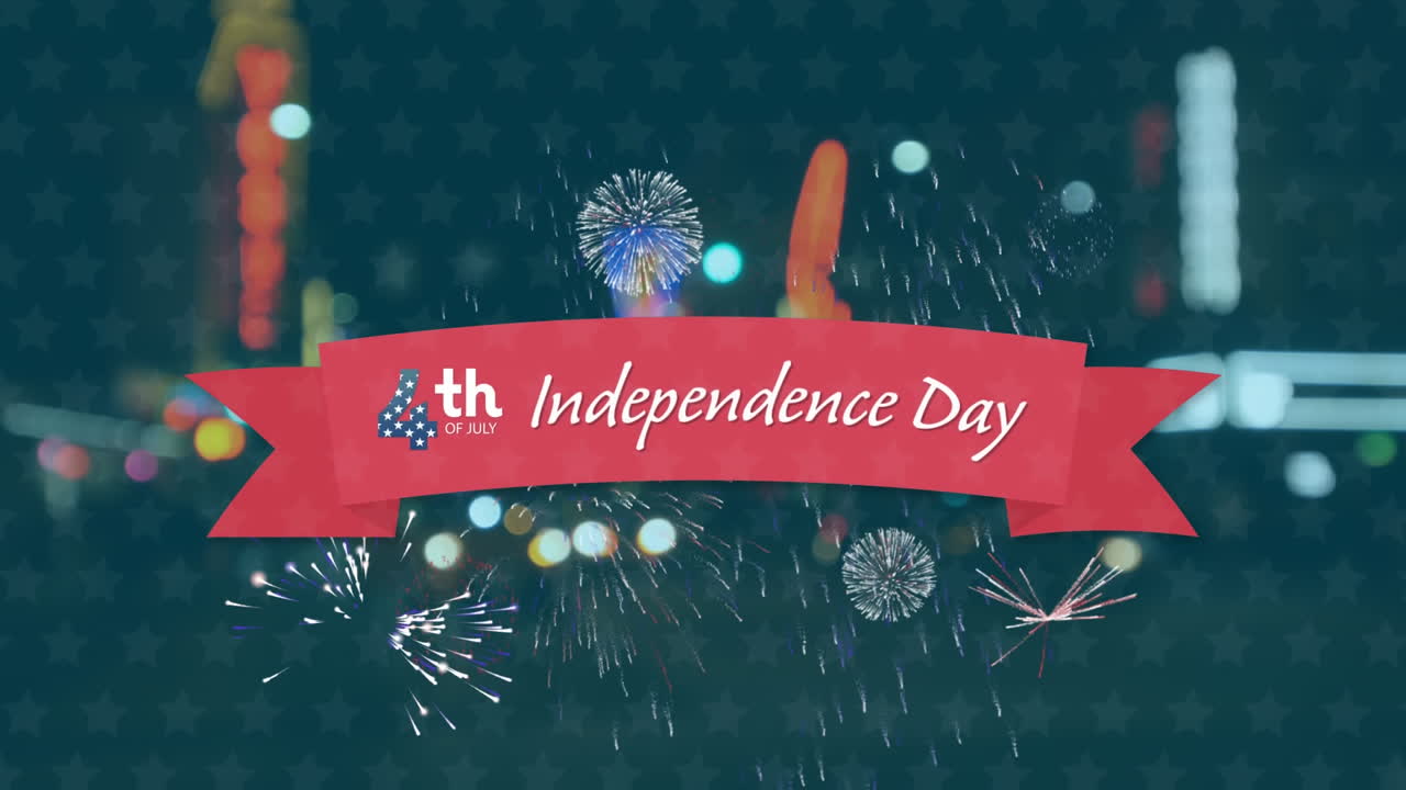 Digital composite video of Independence Day July 4th text against cityscape in background