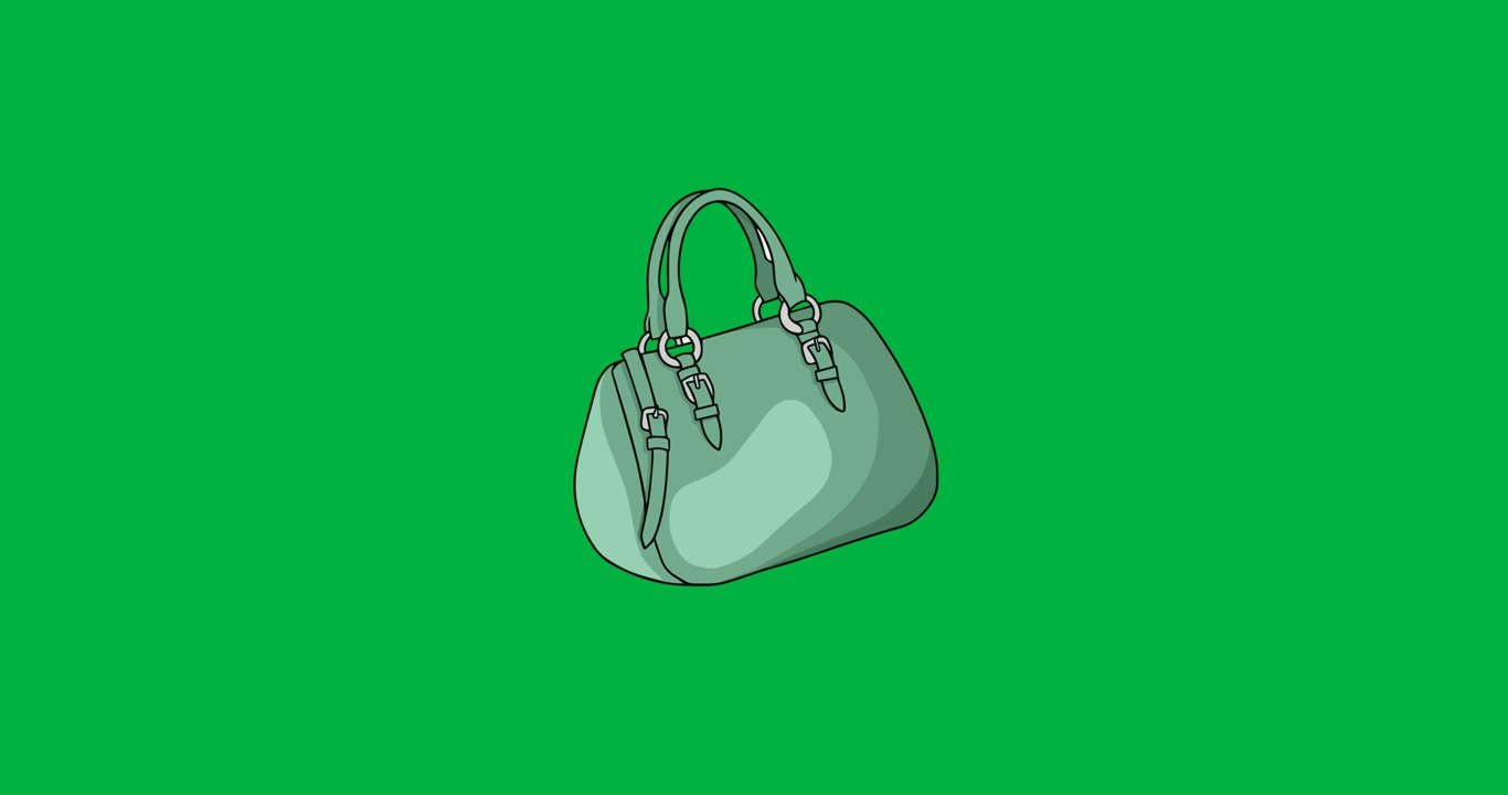 Animação digital de ícone de bolsa feminina verde em fundo preto