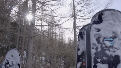 skis are outside a cable car during a transport to the top of a mountain, winter sport, sun rays